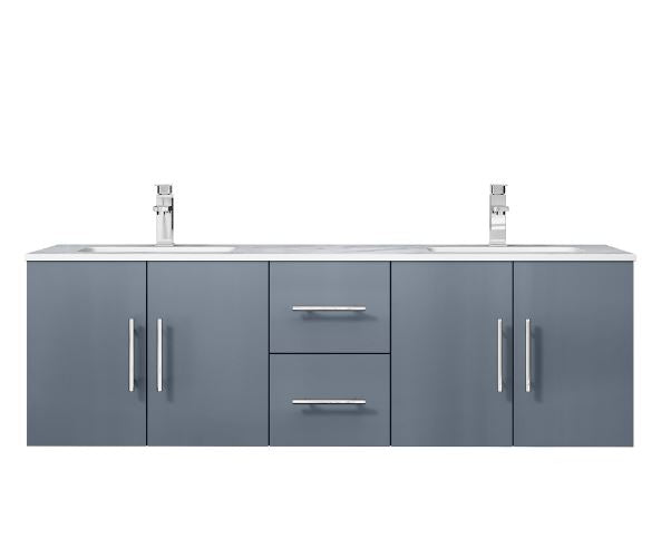 Lexora Geneva 60" Dark Grey Double Vanity, White Carrara Marble Top, White Square Sinks and 60" LED Mirror LG192260DBDSLM60