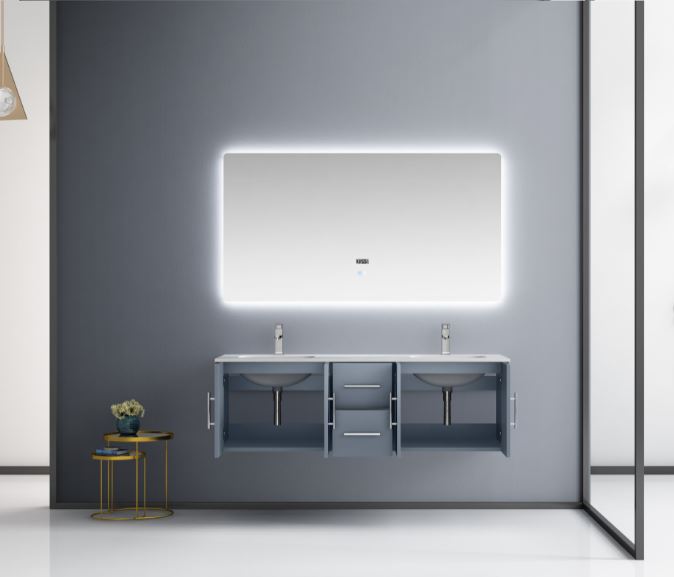 Lexora Geneva 60" Dark Grey Double Vanity, White Carrara Marble Top, White Square Sinks and 60" LED Mirror LG192260DBDSLM60