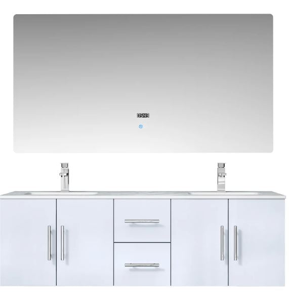 Lexora Geneva 60" Glossy White Double Vanity, White Carrara Marble Top, White Square Sinks and 60" LED Mirror LG192260DMDSLM60