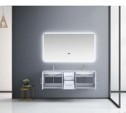 Lexora Geneva 60" Glossy White Double Vanity, White Carrara Marble Top, White Square Sinks and 60" LED Mirror LG192260DMDSLM60