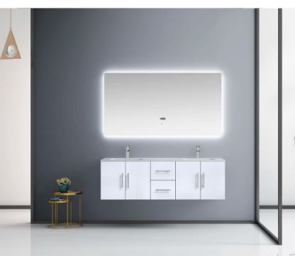 Lexora Geneva 60" Glossy White Double Vanity, White Carrara Marble Top, White Square Sinks and 60" LED Mirror LG192260DMDSLM60