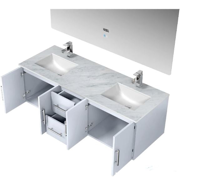 Lexora Geneva 60" Glossy White Double Vanity, White Carrara Marble Top, White Square Sinks and 60" LED Mirror LG192260DMDSLM60