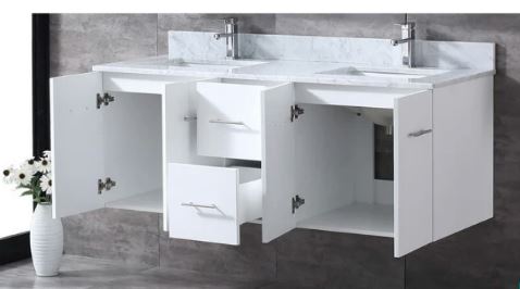 Lexora Geneva 60" Glossy White Double Vanity, White Carrara Marble Top, White Square Sinks and 60" LED Mirror LG192260DMDSLM60