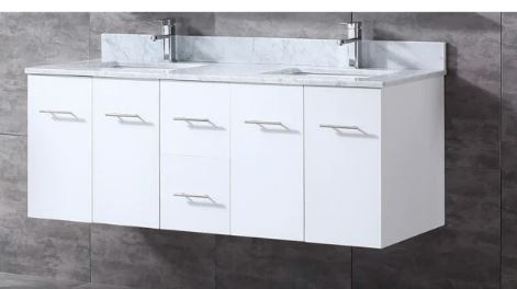 Lexora Geneva 60" Glossy White Double Vanity, White Carrara Marble Top, White Square Sinks and 60" LED Mirror LG192260DMDSLM60