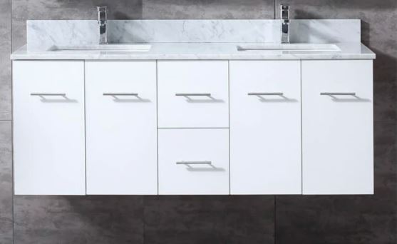 Lexora Geneva 60" Glossy White Double Vanity, White Carrara Marble Top, White Square Sinks and 60" LED Mirror LG192260DMDSLM60