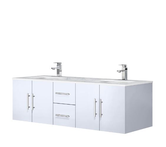 Lexora Geneva 60" Glossy White Double Vanity, White Carrara Marble Top, White Square Sinks and no Mirror LG192260DMDS000