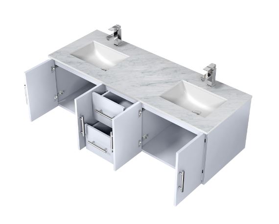 Lexora Geneva 60" Glossy White Double Vanity, White Carrara Marble Top, White Square Sinks and no Mirror LG192260DMDS000