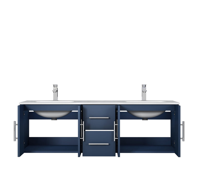 Lexora Geneva 60" Navy Blue Double Vanity, White Carrara Marble Top, White Square Sinks and 60" LED Mirror LG192260DEDSLM60