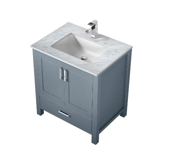 Lexora Jacques 30" Dark Grey Single Vanity, White Carrara Marble Top, White Square Sink and No Mirror LJ342230SBDS000