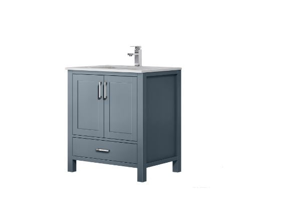 Lexora Jacques 30" Dark Grey Single Vanity, White Carrara Marble Top, White Square Sink and No Mirror LJ342230SBDS000