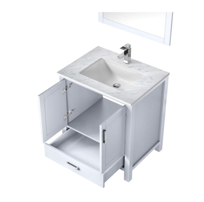 Lexora Jacques 30" White Single Vanity, White Carrara Marble Top, White Square Sink and 28" Mirror LJ342230SADSM28