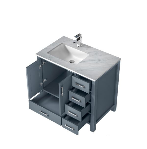 Lexora Jacques 36" Dark Grey Single Vanity, White Carrara Marble Top, White Square Sink and no Mirror - Left Version LJ342236SBDS000-L