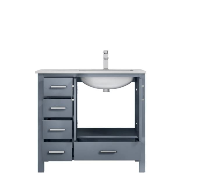 Lexora Jacques 36" Dark Grey Single Vanity, White Carrara Marble Top, White Square Sink and no Mirror - Right Version LJ342236SBDS000-R