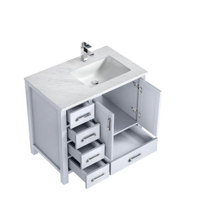 Lexora Jacques 36" White Single Vanity, Carrara Marble Top, White Square Sink and no Mirror - Right Version LJ342236SADS000-R