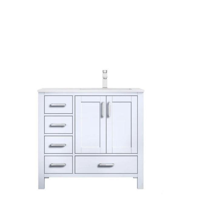 Lexora Jacques 36" White Single Vanity, Carrara Marble Top, White Square Sink and no Mirror - Right Version LJ342236SADS000-R