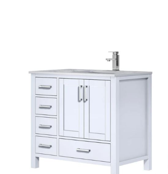 Lexora Jacques 36" White Single Vanity, Carrara Marble Top, White Square Sink and no Mirror - Right Version LJ342236SADS000-R