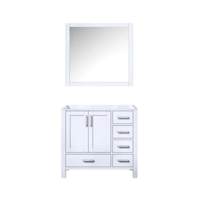 Lexora Jacques 36" White Single Vanity, no Top and 34" Mirror - Left Version LJ342236SA00M34-L