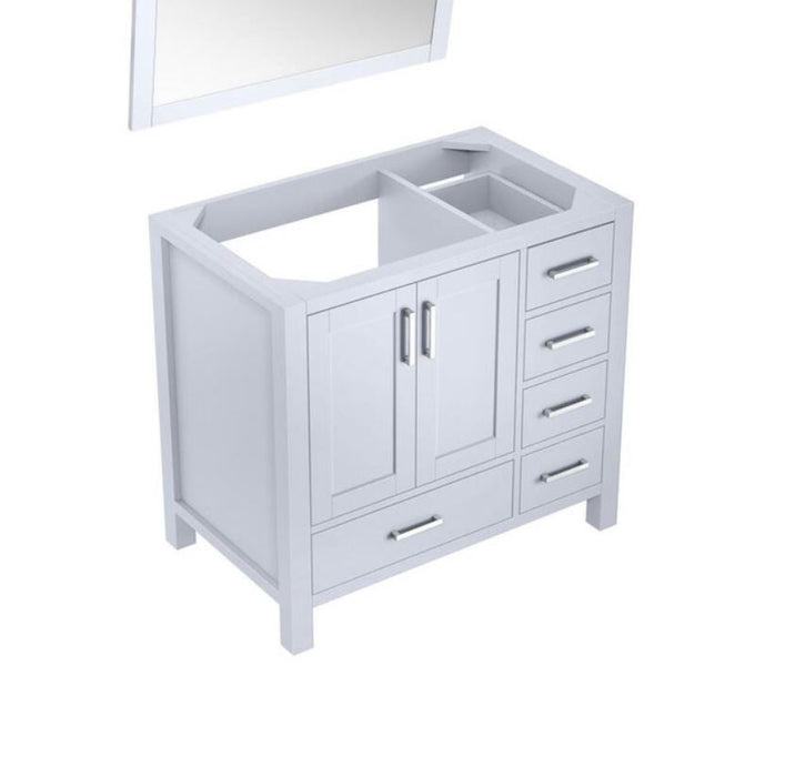 Lexora Jacques 36" White Single Vanity, no Top and 34" Mirror - Left Version LJ342236SA00M34-L