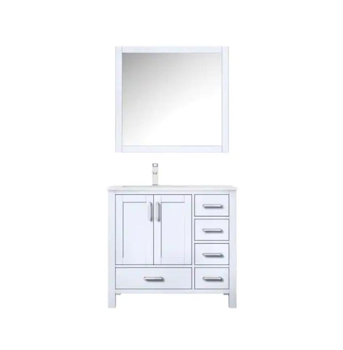 Lexora Jacques 36" White Single Vanity, White Carrara Marble Top, White Square Sink and 34" Mirror w/ Faucet - Left Version LJ342236SADSM34F-L