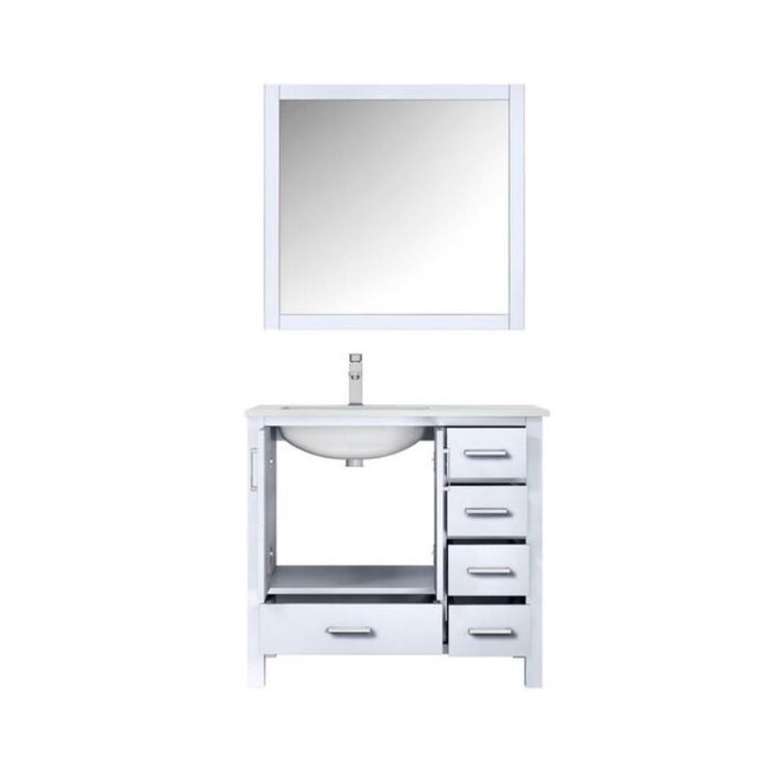 Lexora Jacques 36" White Single Vanity, White Carrara Marble Top, White Square Sink and 34" Mirror w/ Faucet - Left Version LJ342236SADSM34F-L