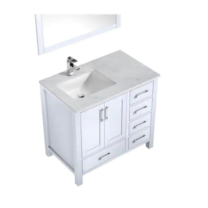 Lexora Jacques 36" White Single Vanity, White Carrara Marble Top, White Square Sink and 34" Mirror - Left Version LJ342236SADSM34-L