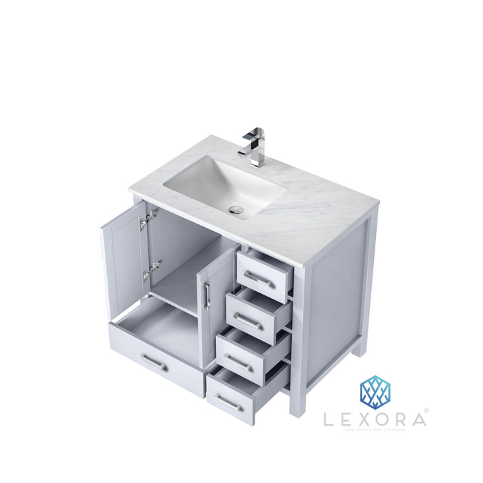 Lexora Jacques 36" White Single Vanity, White Carrara Marble Top, White Square Sink and 34" Mirror - Left Version LJ342236SADSM34-L