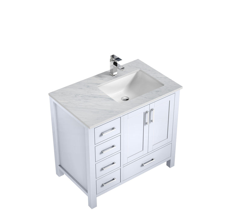 Lexora Jacques 36" White Single Vanity, White Carrara Marble Top, White Square Sink and 34" Mirror - Right Version LJ342236SADSM34-R