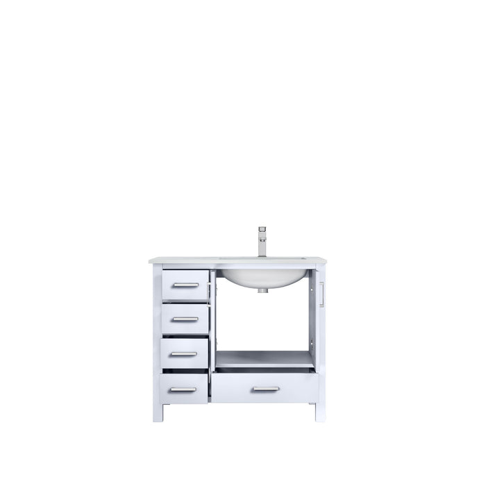 Lexora Jacques 36" White Single Vanity, White Carrara Marble Top, White Square Sink and 34" Mirror - Right Version LJ342236SADSM34-R