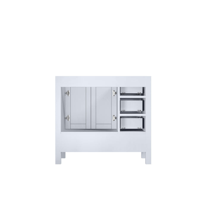 Lexora Jacques 36" White Single Vanity, White Carrara Marble Top, White Square Sink and 34" Mirror - Right Version LJ342236SADSM34-R