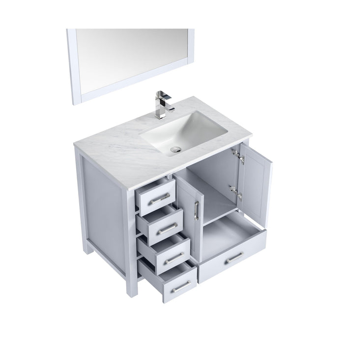 Lexora Jacques 36" White Single Vanity, White Carrara Marble Top, White Square Sink and 34" Mirror - Right Version LJ342236SADSM34-R