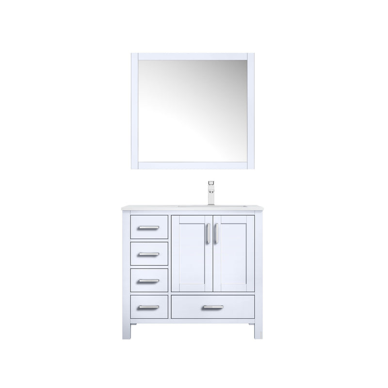 Lexora Jacques 36" White Single Vanity, White Carrara Marble Top, White Square Sink and 34" Mirror - Right Version LJ342236SADSM34-R