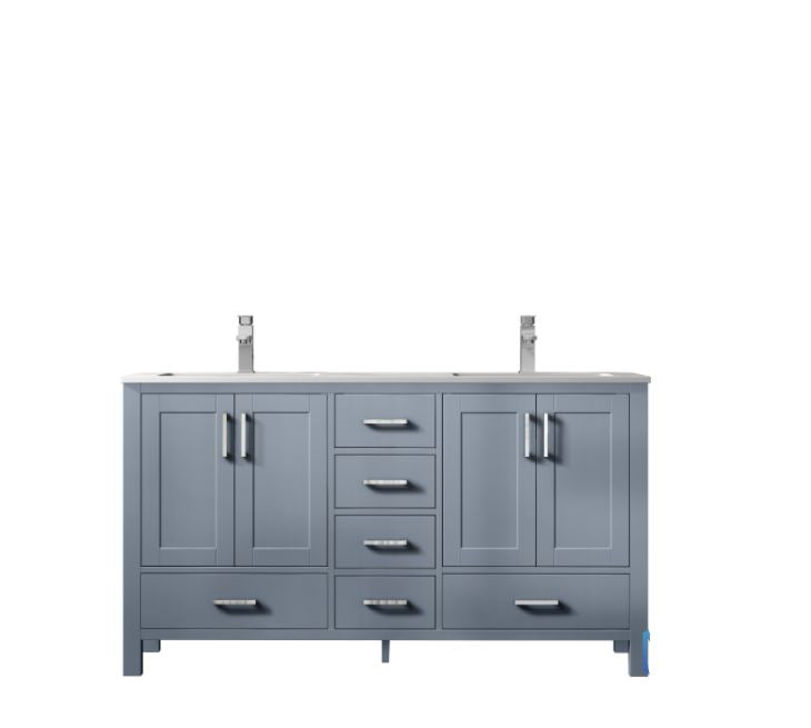 Lexora Jacques 60" Dark Grey Double Vanity, White Carrara Marble Top, White Square Sinks and no Mirror LJ342260DBDS000