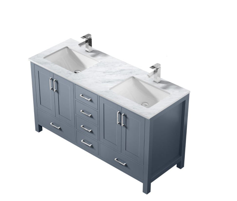 Lexora Jacques 60" Dark Grey Double Vanity, White Carrara Marble Top, White Square Sinks and no Mirror LJ342260DBDS000
