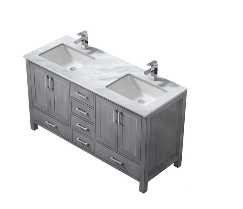 Lexora Jacques 60" Distressed Grey Double Vanity, White Carrara Marble Top, White Square Sinks and no Mirror LJ342260DDDS000