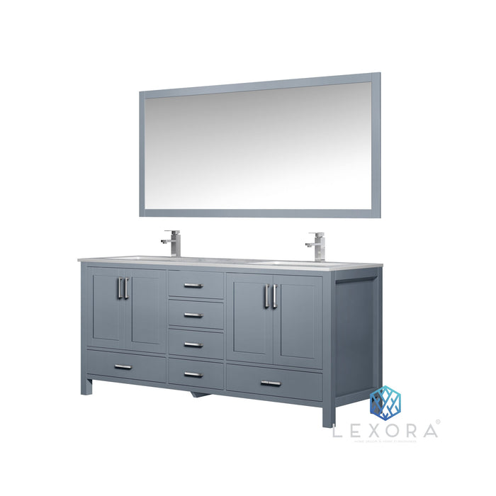 LexoraJacques 72" Dark Grey Double Vanity, White Carrara Marble Top, White Square Sinks and 70" Mirror LJ342272DBDSM70