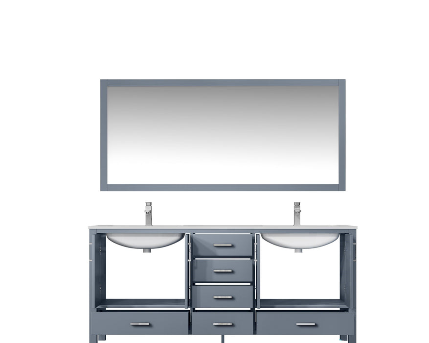 LexoraJacques 72" Dark Grey Double Vanity, White Carrara Marble Top, White Square Sinks and 70" Mirror LJ342272DBDSM70