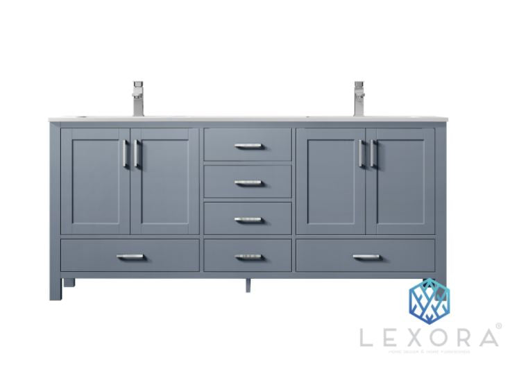 Lexora Jacques 72" Dark Grey Double Vanity, White Carrara Marble Top, White Square Sinks and no Mirror LJ342272DBDS000