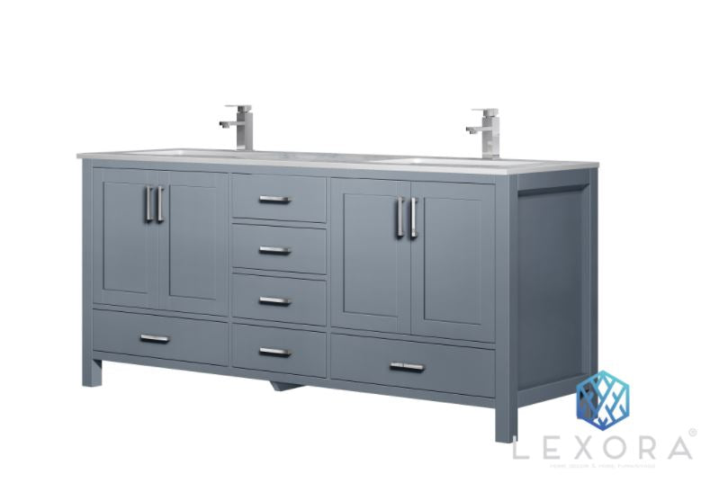 Lexora Jacques 72" Dark Grey Double Vanity, White Carrara Marble Top, White Square Sinks and no Mirror LJ342272DBDS000