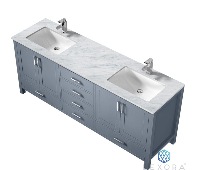 Lexora Jacques 80" Dark Grey Double Vanity, White Carrara Marble Top, White Square Sinks and no Mirror LJ342280DBDS000