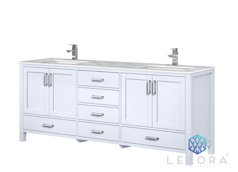 Lexora Jacques 80" White Double Vanity, White Carrara Marble Top, White Square Sinks and no Mirror LJ342280DADS000