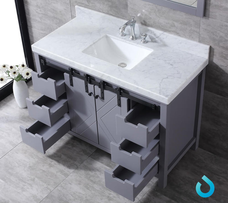 Lexora Marsyas 48" Dark Grey Single Vanity, White Carrara Marble Top, White Square Sink and no Mirror LM342248SBBS000