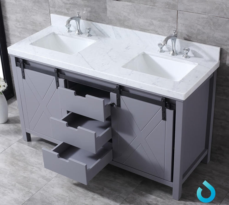 Lexora Marsyas 60" Dark Grey Double Vanity, White Carrara Marble Top, White Square Sinks and no Mirror LM342260DBBS000