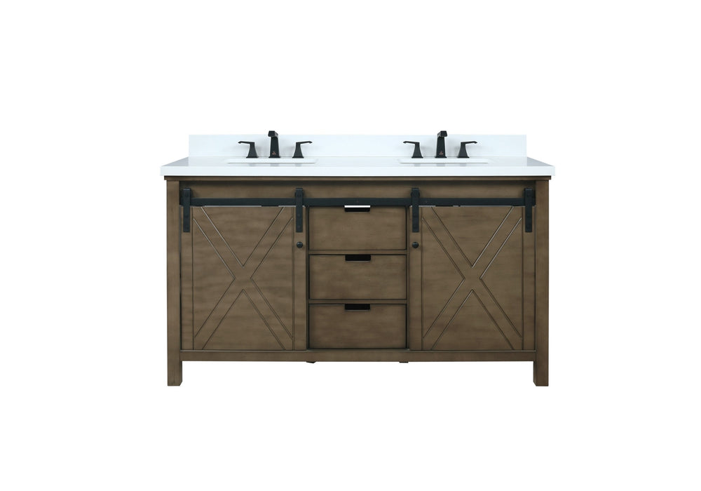 Lexora Marsyas 60" Rustic Brown Double Vanity, White Quartz Top, White Square Sinks and no Mirror LM342260DKCS000