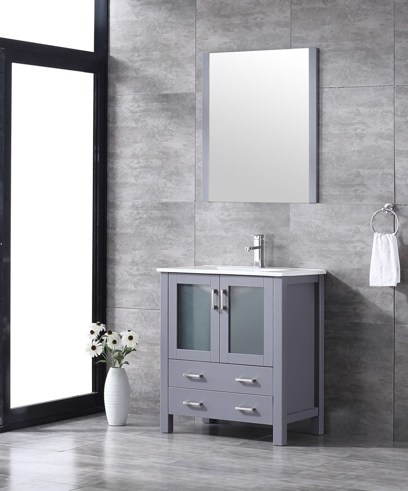 Lexora Volez 30" Dark Grey Single Vanity, Integrated Top, White Integrated Square Sink and 28" Mirror LV341830SBESM28