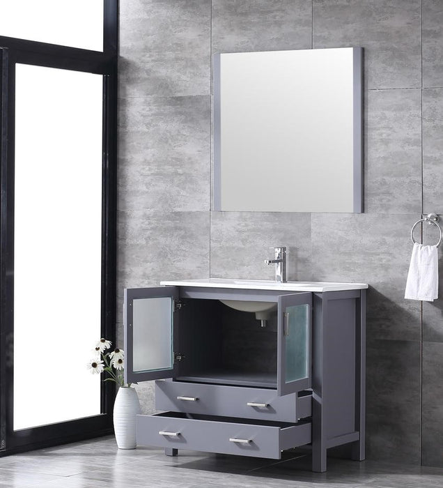 Lexora Volez 36" Dark Grey Single Vanity, Integrated Top, White Integrated Square Sink and 34" Mirror LV341836SBESM34