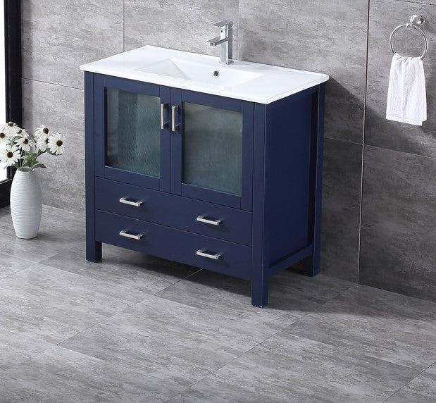 Lexora Volez 36" Navy Blue Single Vanity, Integrated Top, White Integrated Square Sink and no Mirror LV341836SEES000