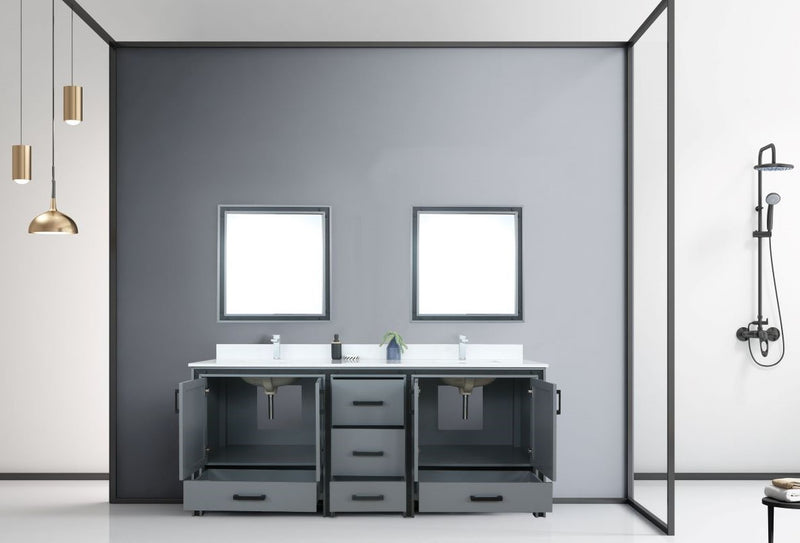 Lexora Ziva 80" Dark Grey Double Vanity, Cultured Marble Top, White Square Sink and 30" Mirrors LZV352280SBJSM30