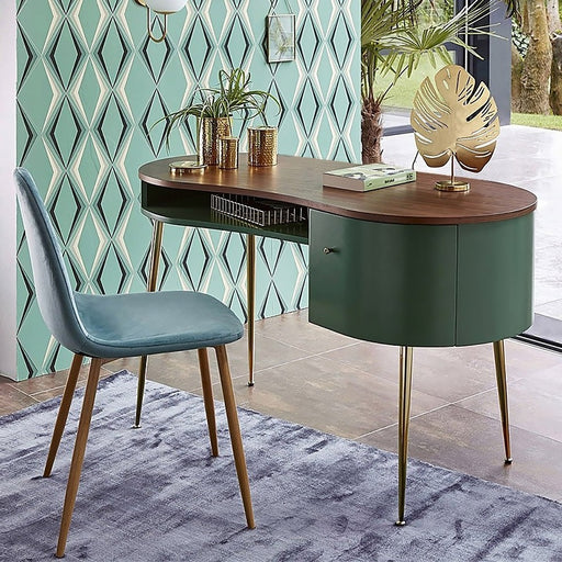 Mid Century Modern Green Curved Office Desk Computer Desk with Shelves & Storage Gold Legs