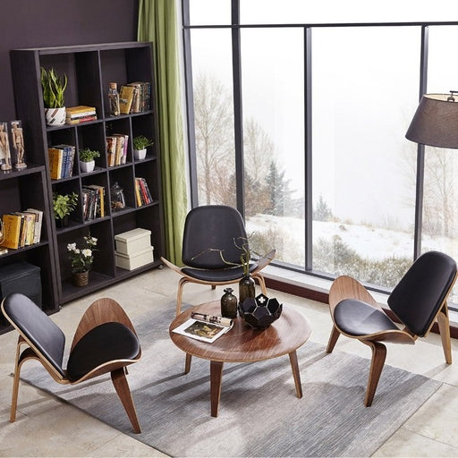 Mid-Century Modern Shell Chair Single Side Chair Tripod Black Leather Lounge Chair in Walnut Finish