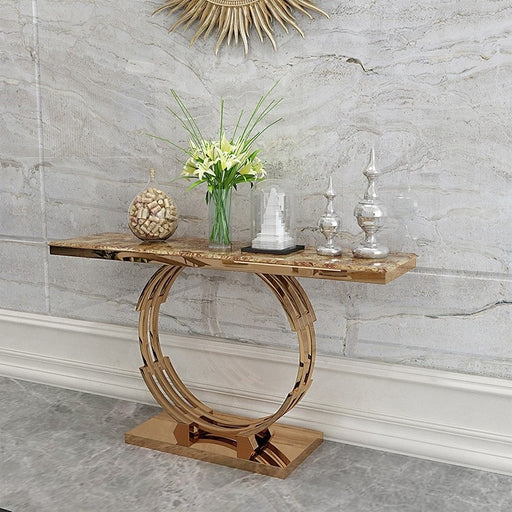 Modern Luxury 48" Faux Marble Narrow Console Table Rectangle Tabletop Stainless Steel in Rose Gold